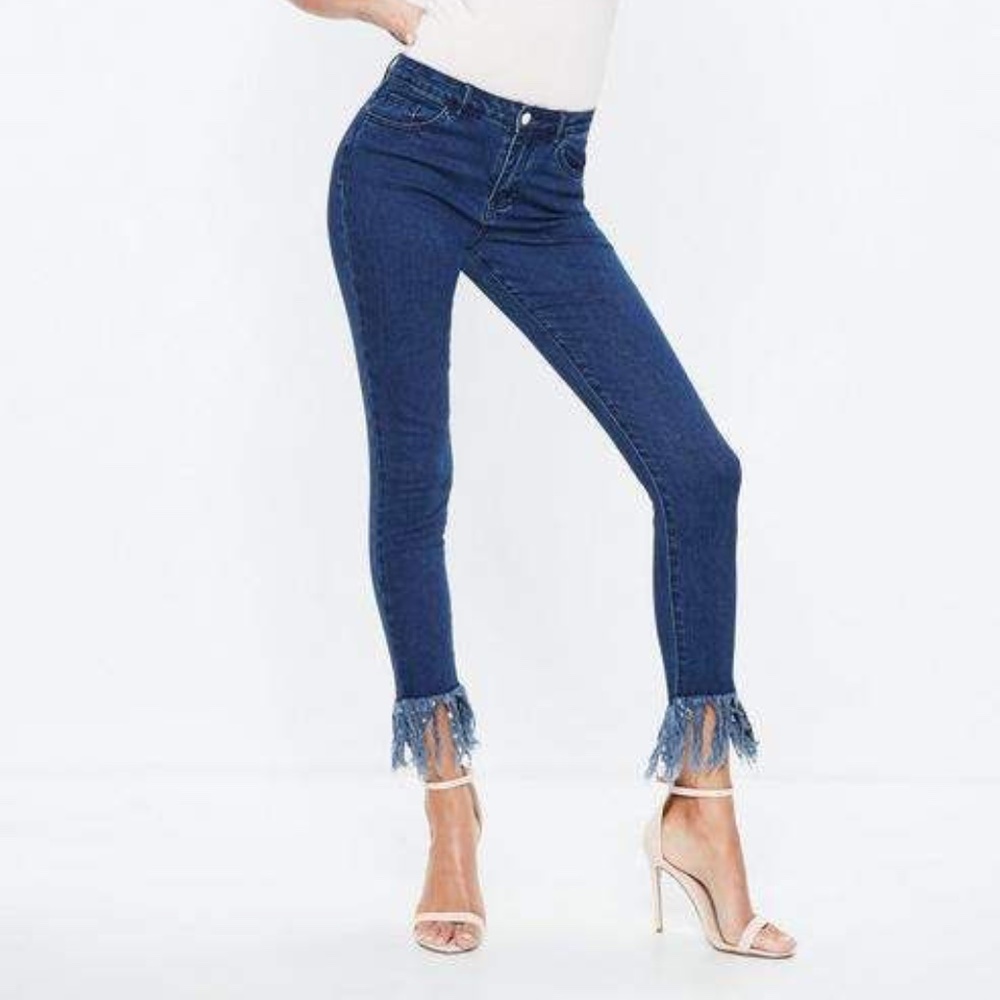 Blue Denim Anarchy Missguided Mid Rise Frayed Skinny Jeans